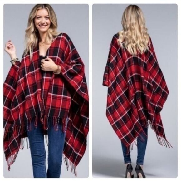 Red & Black Plaid Fringe Open Poncho Wrap Shawl-NEW - Picture 2 of 7